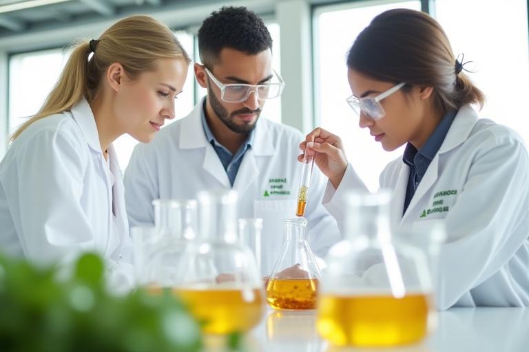 A diverse team of scientists collaboratively examining herbal extracts in a modern, clean laboratory, bathed in natural light.